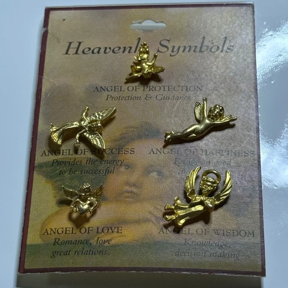 Heavenly Symbols Angel Pins Set of 5 Gold Tone Lapel Pins Protection‎ Success